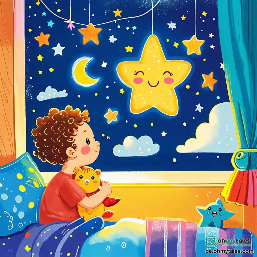 Une illustration sous forme de dessin destinée aux enfants représentant une chambre chaleureuse et colorée, avec des murs ornés d'étoiles et de nuages, où un petit garçon de 2 ans aux cheveux bouclés et aux yeux pétillants regarde émerveillé par la fenêtre, tenant un doudou en forme de poisson, tandis qu'un grand et brillant étoile souriante scintille dans le ciel nocturne, illuminant la scène d'une douce lumière, symbolisant les rêves et l'imagination.