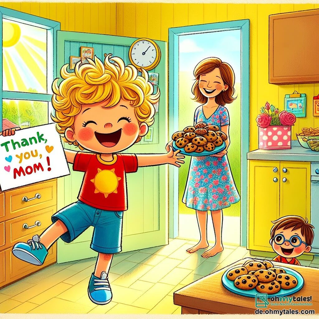 Une illustration sous forme de dessin destinée aux enfants représentant une cuisine lumineuse et colorée, avec des murs peints en jaune pastel et des fenêtres laissant entrer la lumière du soleil, où un garçon de 5 ans aux cheveux blonds et bouclés, portant un t-shirt rouge et un short bleu, saute de joie en tenant un grand panneau coloré avec l'inscription "Merci, Maman !" ; à ses côtés, son meilleur ami, un garçon aux cheveux bruns et aux lunettes rondes, sourit en tenant une assiette de délicieux biscuits au chocolat, tandis qu'une femme au sourire chaleureux, avec des cheveux châtains et une robe à fleurs, entre dans la pièce, surprise et émue par la fête d'anniversaire surprise organisée pour elle par les deux petits garçons.