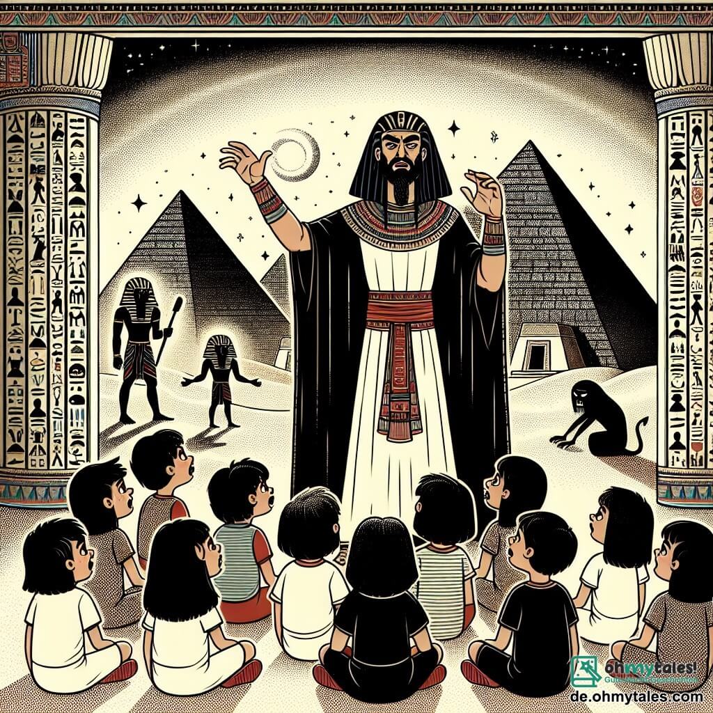 Une illustration sous forme de dessin destinée aux enfants représentant un temple ancien en Égypte, avec de majestueuses pyramides en arrière-plan et des hiéroglyphes ornant les murs, où un homme au visage déterminé, vêtu de vêtements traditionnels égyptiens, se tient courageusement devant un groupe de jeunes enfants aux cheveux noirs et aux yeux pétillants, qui l'écoutent avec fascination alors qu'il leur raconte une histoire magique sur des dieux et des aventures, tandis qu'une silhouette mystérieuse d'un prêtre aux yeux perçants se profile dans l'ombre, prêt à interrompre leur moment de joie.
