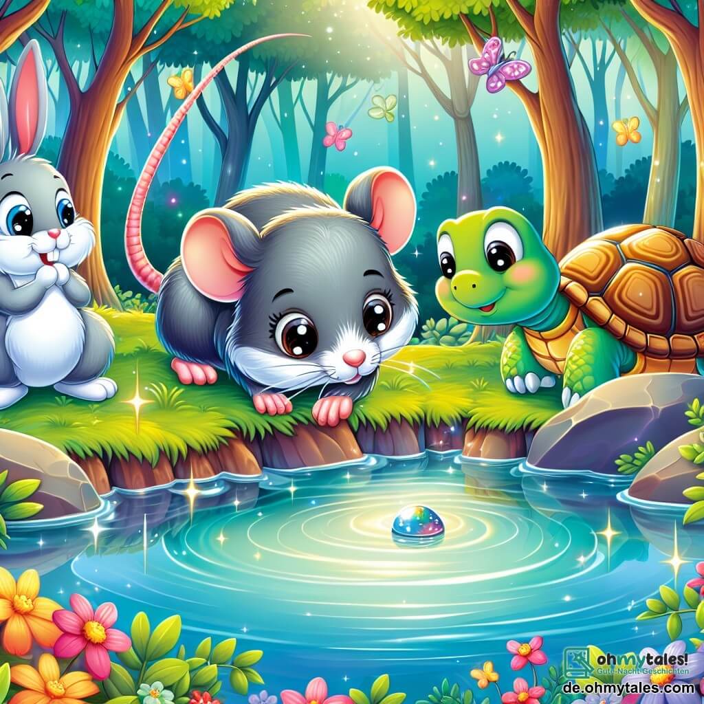 Une illustration sous forme de dessin destinée aux enfants représentant une scène enchantée dans un forêt colorée, où un petit rat au pelage gris brillant et aux grands yeux curieux se penche avec détermination au bord d'un étang scintillant, tandis qu'une joyeuse tortue à la carapace colorée et un lapin aux longues oreilles l'observent avec espoir, tous trois cherchant un précieux caillou perdu qui brille sous le soleil, entourés de fleurs vibrantes et de papillons dansants.