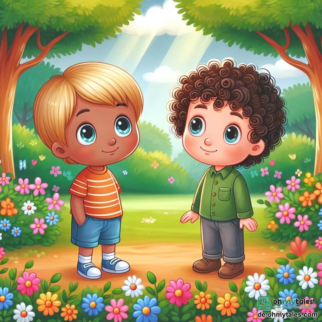 Une illustration destinée aux enfants représentant un petit garçon aux yeux brillants, faisant la connaissance d'un nouvel ami, un garçon aux cheveux bouclés et un regard curieux, dans un parc ensoleillé rempli de fleurs colorées et d'arbres majestueux.