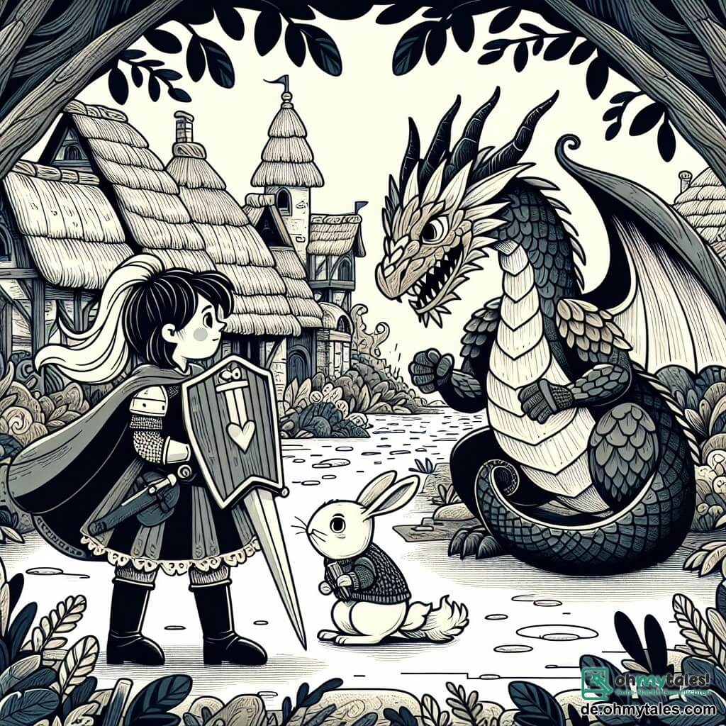 Une illustration destinée aux enfants représentant une chevaleresse courageuse affrontant un dragon menaçant dans une sombre et mystérieuse forêt enchantée, accompagnée d'un petit lapin curieux, le tout se déroulant dans un petit village médiéval pittoresque avec des toits de chaume et des ruelles pavées.