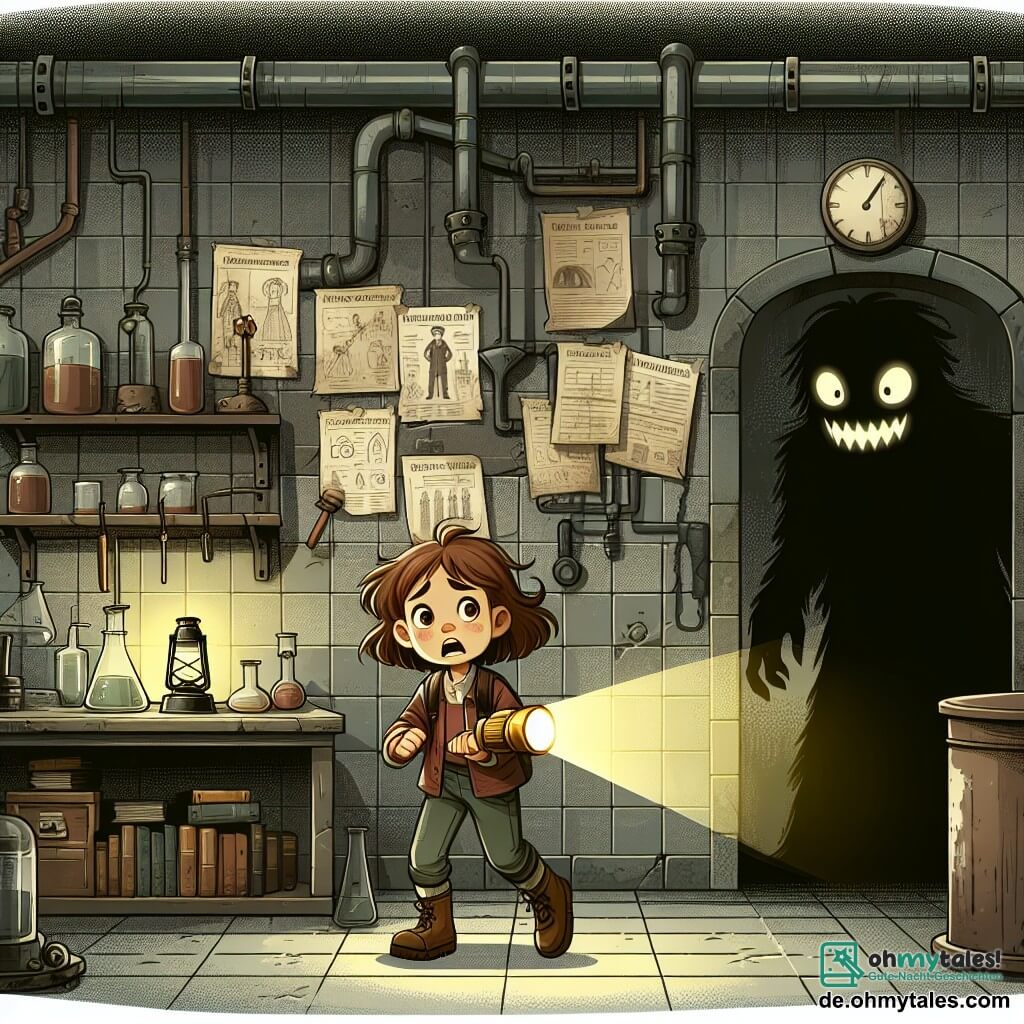 Une illustration sous forme de dessin destinée aux enfants représentant un vieux laboratoire sombre et poussiéreux, aux murs couverts de vieilles affiches scientifiques, où une fille de 11 ans, aux cheveux châtains en bataille et portant une lampe de poche, explore courageusement les lieux, tandis qu'une ombre menaçante, à la silhouette indistincte et aux yeux brillants, se profile dans un coin obscur, illustrant le moment où la jeune aventurière fait face à ses peurs dans un environnement mystérieux et inquiétant.