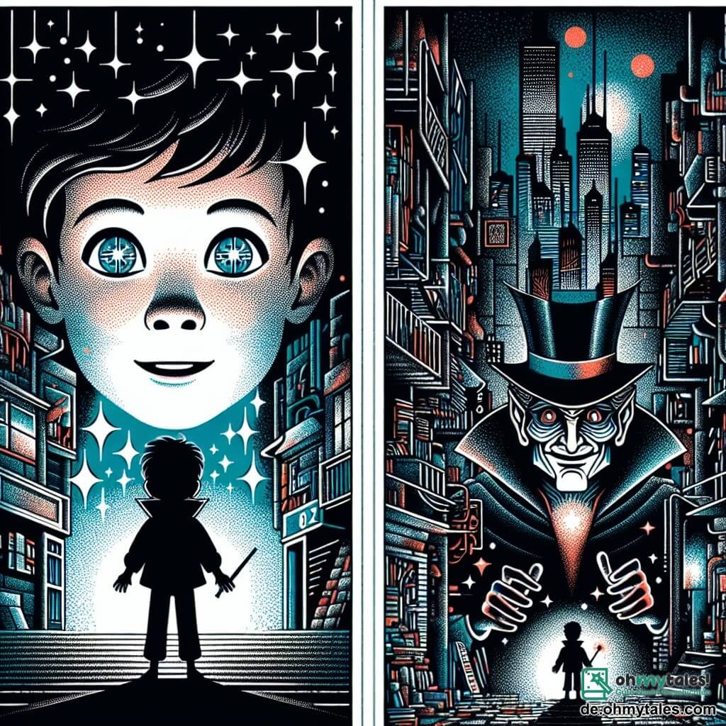 Une illustration destinée aux enfants représentant un garçon aux yeux brillants, capable de magie, confronté à un mystérieux magicien maléfique, dans les ruelles sombres et encombrées de Neostadt, une métropole où les gratte-ciel cachent le ciel et les néons percent la nuit.