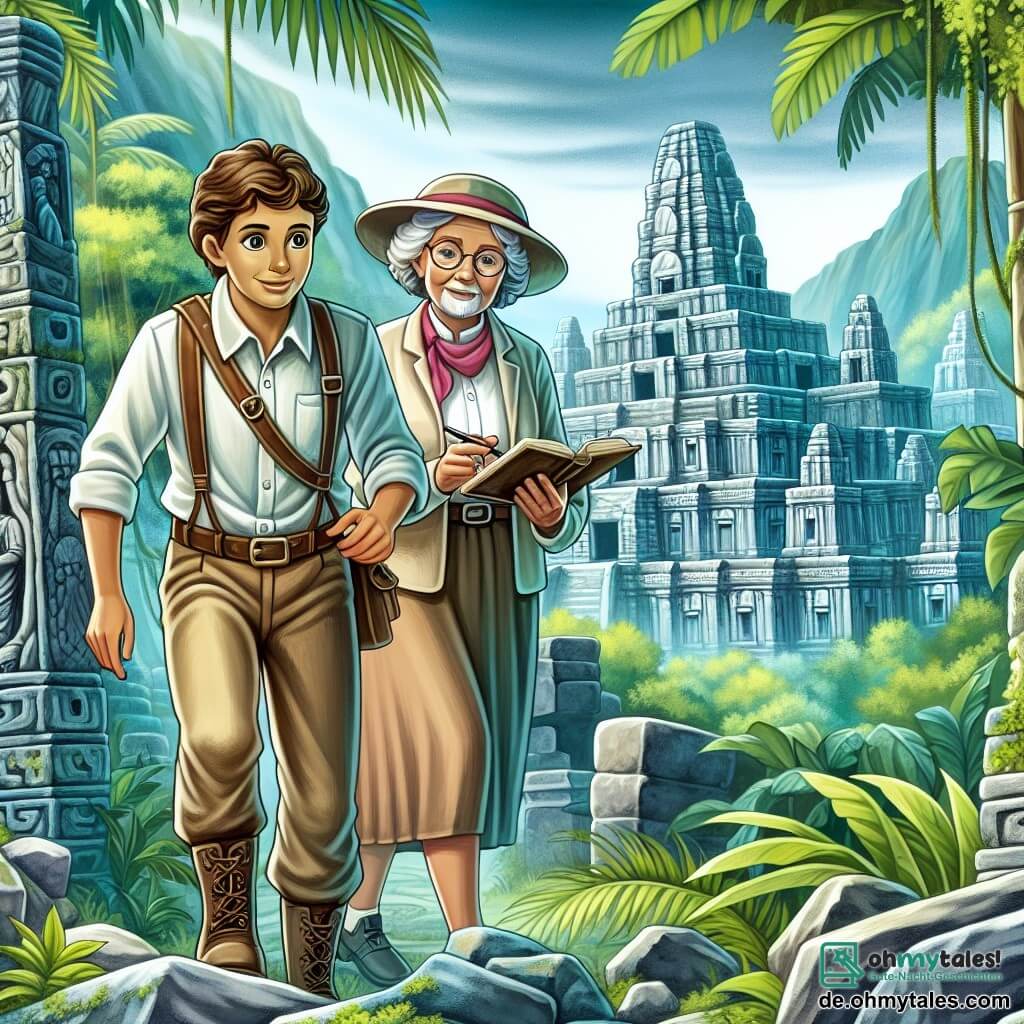 Une illustration destinée aux enfants représentant une jeune archéologue passionnée, accompagnée d'une professeure bienveillante, explorant les ruines anciennes d'une cité perdue cachée au cœur d'une jungle luxuriante.