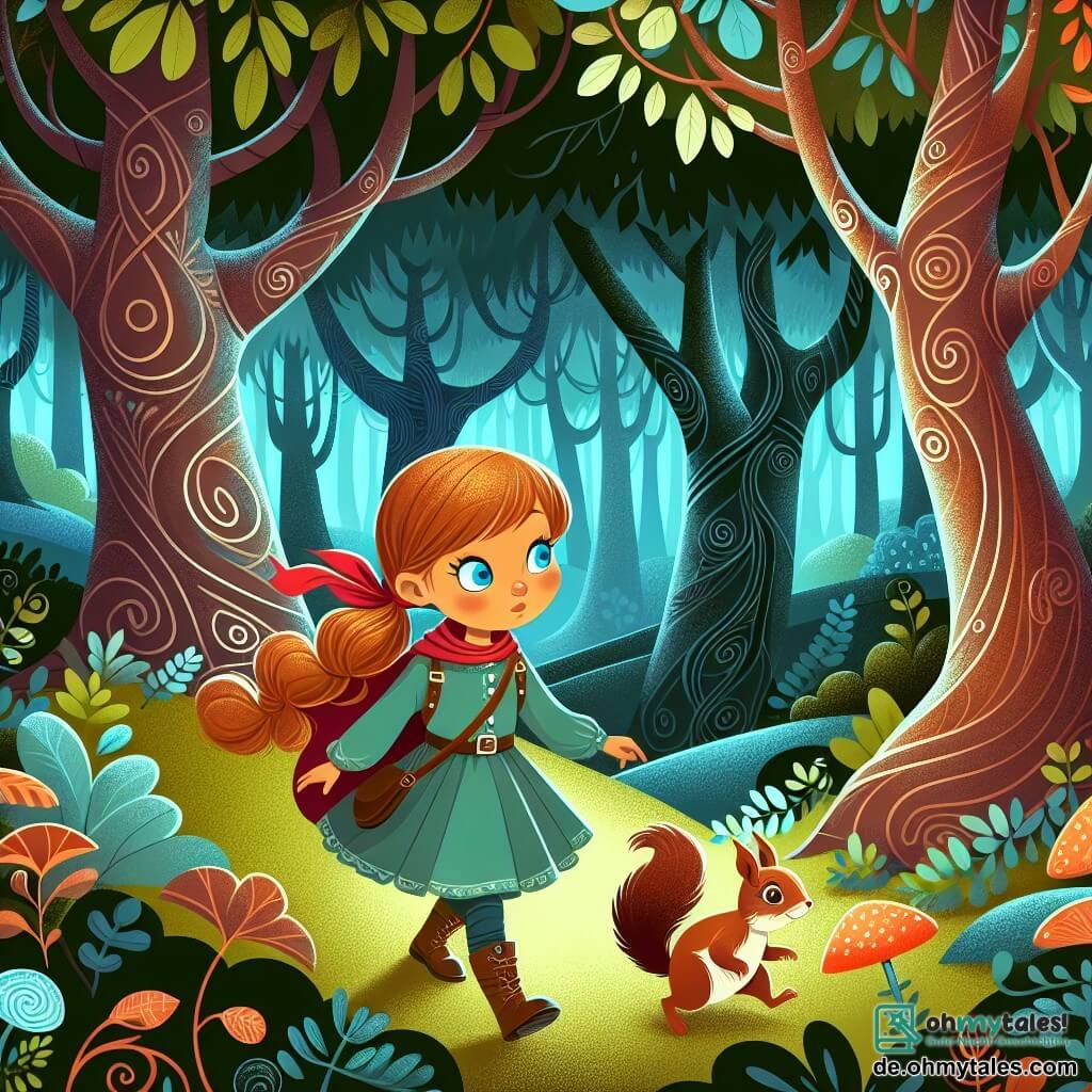 Une illustration destinée aux enfants représentant une jeune fille courageuse et curieuse, accompagnée d'un petit écureuil parlant, explorant un mystérieux et enchanté bois de feuillus aux arbres sinueux et aux couleurs chatoyantes.
