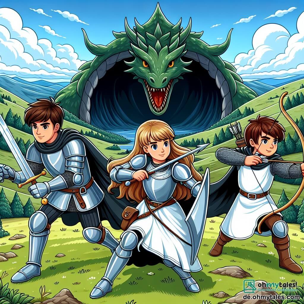 Une illustration sous forme de dessin destinée aux enfants représentant une scène épique dans une vaste vallée verdoyante, où un chevalier courageux, un homme à la chevelure brune et aux yeux déterminés, brandit un éclatant épée lumineuse, tandis qu'à ses côtés, une jeune chevalière aux cheveux longs et blonds, vêtue d'une armure étincelante, tire à l'arc, et un jeune archer aux cheveux châtains, concentré, ajuste sa flèche, tous trois prêts à affronter un dragon menaçant qui émerge d'une grotte sombre à l'arrière-plan, sous un ciel bleu parsemé de nuages blancs.