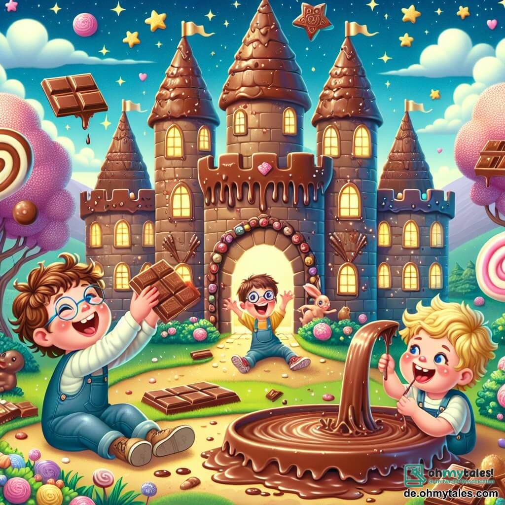 Eine Illustration, die einen wunderschönen Park zeigt, der in ein unglaubliches Schokoladenschloss verwandelt wurde. Die Wände bestehen aus glänzender Vollmilchschokolade, mit leuchtenden Karamellfenstern und einem bunten Marzipandach. Im Mittelpunkt der Szene spielen drei fröhliche, lächelnde Jungen, etwa 8 Jahre alt. Der erste Junge mit braunen, lockigen Haaren sitzt in einem mit Süßigkeiten dekorierten Rollstuhl und hält ein Stück Schokolade in der Hand. Der zweite Junge mit blonden Haaren und Brille lacht, während er einem kleinen Schokoladenhasen hinterherläuft. Der dritte Junge mit glatten schwarzen Haaren taucht seine Finger in eine große, flüssige Schokolade, die aus einem prächtigen Chocolatier fließt. Im Hintergrund verleihen Zuckerblumen und Marshmallowbäume der süßen Szene einen Hauch von Magie, während Sterne in einem Dämmerungshimmel zu funkeln beginnen.