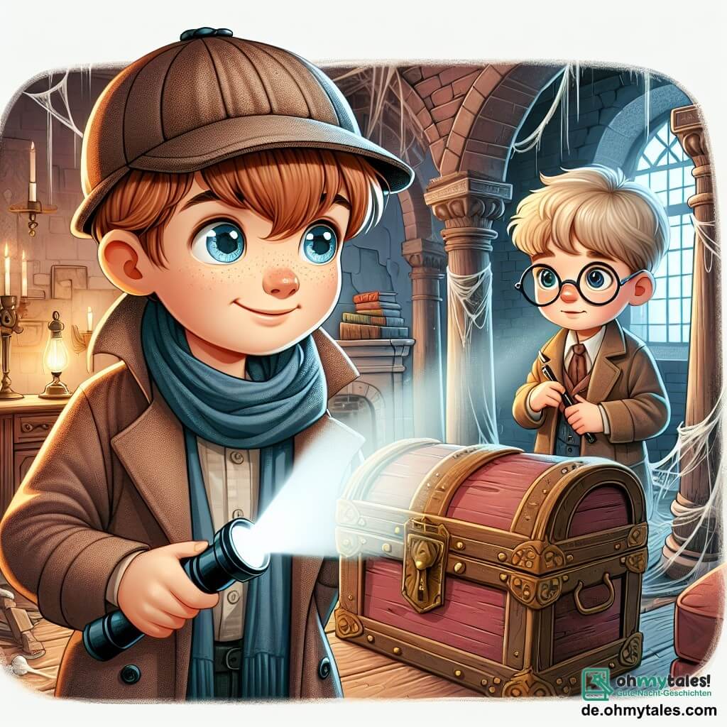 Une illustration sous forme de dessin destinée aux enfants représentant une scène dans un vieux château mystérieux, avec un garçon de 11 ans aux cheveux châtains et aux yeux pétillants, portant une casquette de détective et tenant une lampe de poche, en train d'explorer une salle poussiéreuse remplie de vieux meubles et de toiles d'araignée, tandis qu'un autre garçon de son âge, aux lunettes rondes et aux cheveux blonds, l'observe avec curiosité, alors qu'ils découvrent un ancien coffre en bois, symbole de leur quête pour résoudre le mystère d'un trésor caché.
