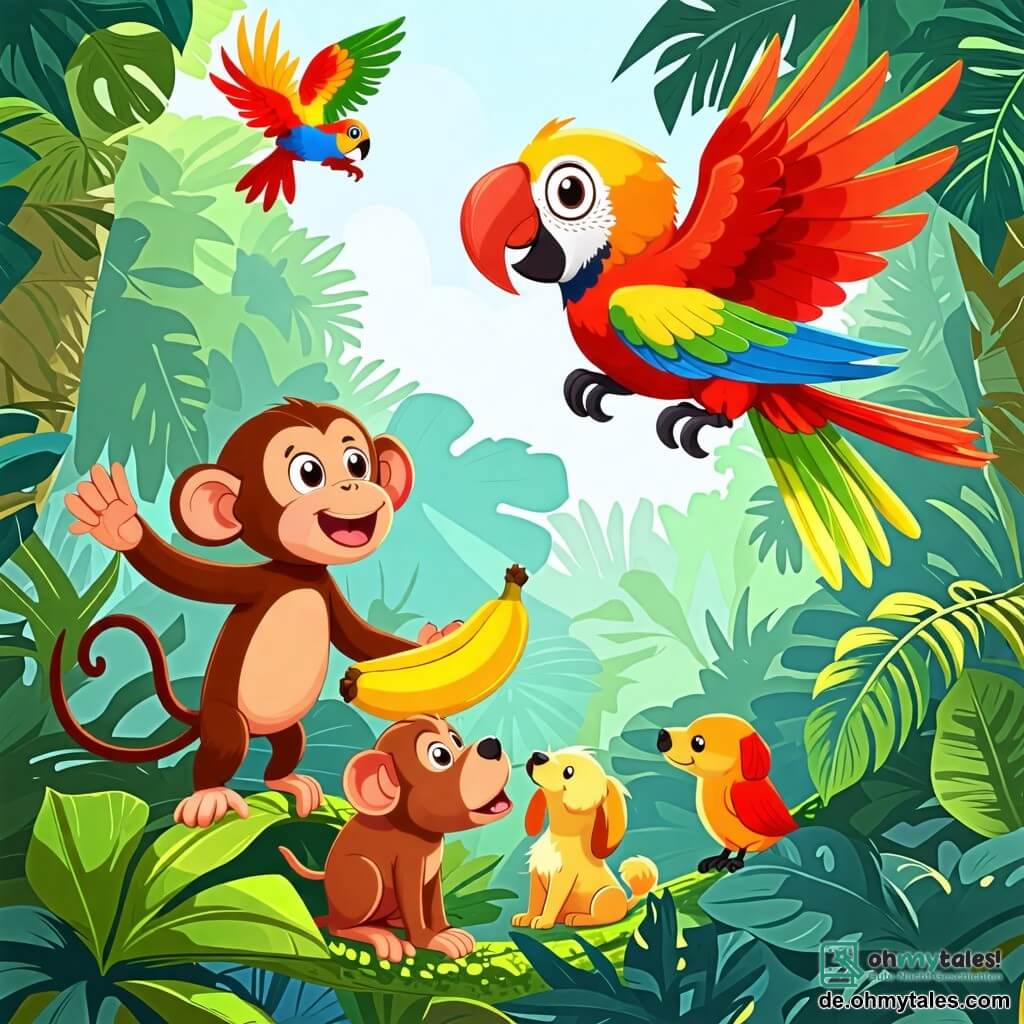 Une illustration sous forme de dessin destinée aux enfants représentant une scène vibrante dans une jungle luxuriante, avec un petit singe au pelage brun et aux grands yeux curieux, grimpant avec enthousiasme sur une branche pour atteindre une banane jaune brillante, tandis qu'un perroquet coloré aux plumes rouges et vertes vole au-dessus de lui en lui montrant le chemin, et un chien amical au pelage doré observe depuis le sol, le tout baigné dans une lumière douce et enjouée qui évoque l'esprit d'aventure et d'amitié.