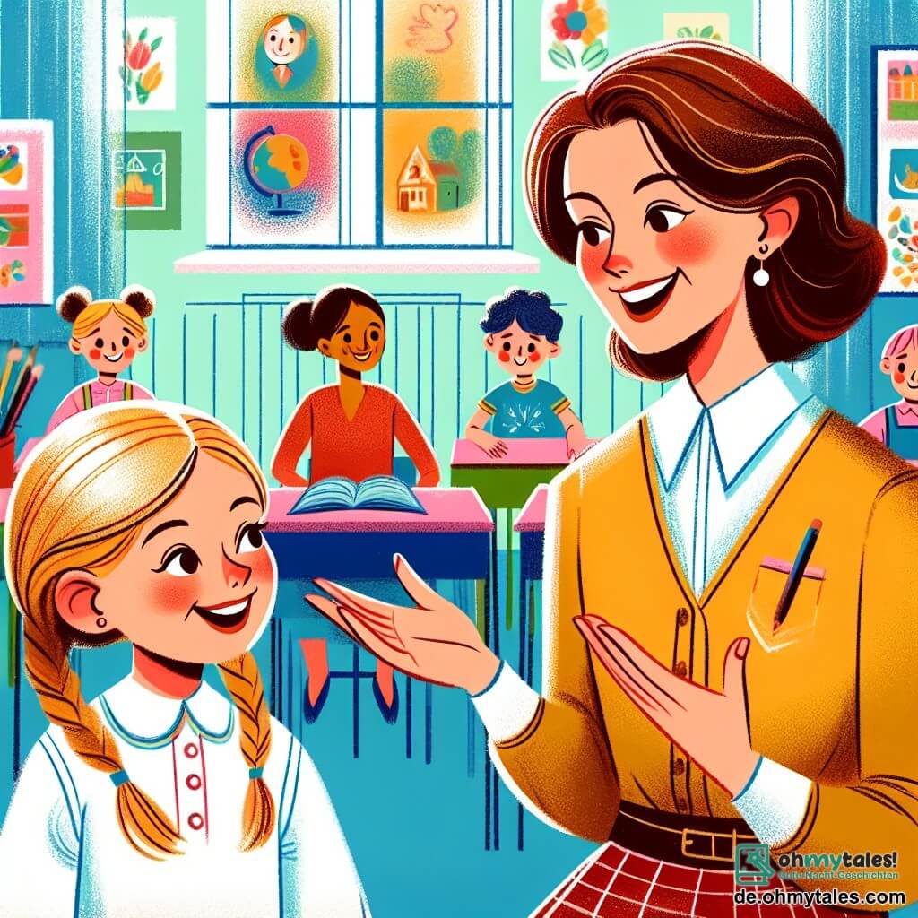 Une illustration destinée aux enfants représentant une jeune fille curieuse et enthousiaste, une institutrice chaleureuse et bienveillante, dans une salle de classe colorée et pleine de vie.