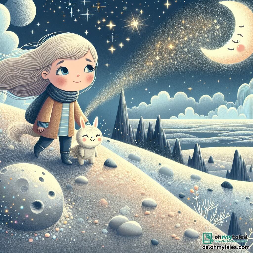 Une illustration destinée aux enfants représentant une jeune fille rêveuse et audacieuse, accompagnée d'un petit être lunaire, explorant la surface scintillante et poussiéreuse du mystérieux et majestueux monde lunaire.