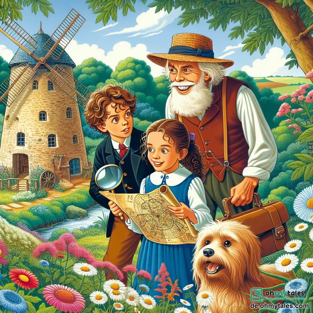 Une illustration sous forme de dessin destinée aux enfants représentant une vieille et mystérieuse mühle entourée de fleurs sauvages et d'arbres verdoyants, avec une jeune fille aux cheveux bruns et bouclés, portant une loupe et un carnet, en train d'explorer avec curiosité une vieille carte, tandis qu'un homme âgé au visage souriant, avec un chapeau de paille et un chien à ses pieds, l'observe avec intérêt, et un jeune garçon aux cheveux blonds et aux yeux pétillants, impatient, se tient à côté d'eux, tous trois découvrant un ancien trésor caché dans la mühle.