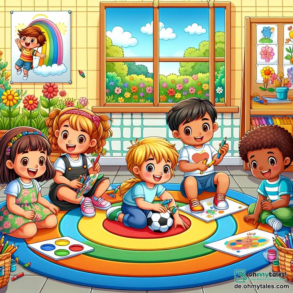 Illustration eines bunten Klassenzimmers in einem Kindergarten mit hellgelben Wänden und Fenstern, die Sonnenlicht hereinlassen. In der Mitte liegt ein großer, runder, multicolor Teppich, auf dem fünf Kinder zusammen spielen. Ein fünfjähriger Junge mit braunen, lockigen Haaren sitzt im Schneidersitz auf dem Teppich, hält Buntstifte in den Händen und lächelt breit. Neben ihm zeichnet ein fünfjähriges Mädchen mit geflochtenen blonden Haaren fröhlich einen Fußball, gekleidet in einem Blumenkleid. Ein anderer Junge mit kurzen, kastanienbraunen Haaren steht begeistert mit erhobenen Armen, während ein Mädchen mit glatten, schwarzen Haaren hockt und ein Bild mit lebhaften Farben malt. Schließlich zeigt ein kleines Mädchen mit roten Haaren, das ein blaues T-Shirt trägt, stolz eine Zeichnung, die einen Jungen und ein Mädchen zeigt, die zusammen spielen. Die Szene verdeutlicht die Idee der Geschlechtergleichheit, mit Kindern verschiedenen Geschlechts, die zusammen Spaß haben, Buntstifte und Ideen teilen, umgeben von bunten Zeichnungen an den Wänden, die Vielfalt und Inklusion feiern. Blumen und bunte Spielzeuge sind um sie herum verstreut und verleihen der Atmosphäre eine fröhliche Note.