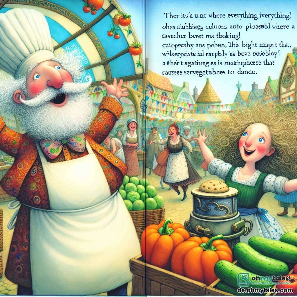 Une illustration destinée aux enfants représentant une femme excentrique aux cheveux ébouriffés, une machine qui fait danser les légumes, un boulanger jovial et un marché coloré de Knallhausen, où tout est possible.