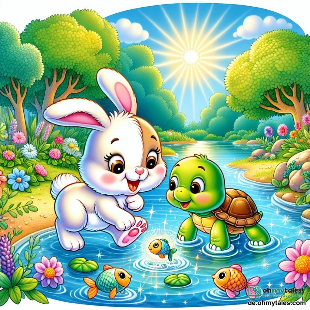 Une illustration sous forme de dessin destinée aux enfants représentant un magnifique et coloré étang scintillant sous le soleil, avec un petit lapin aux grandes oreilles et au pelage doux, en train de sauter joyeusement près de l'eau, tandis qu'une tortue à la carapace verte et brillante l'observe avec un sourire amical, et tous deux se tiennent prêts à aider un petit poisson qui se débat dans un filet, entourés de fleurs éclatantes et d'arbres majestueux.