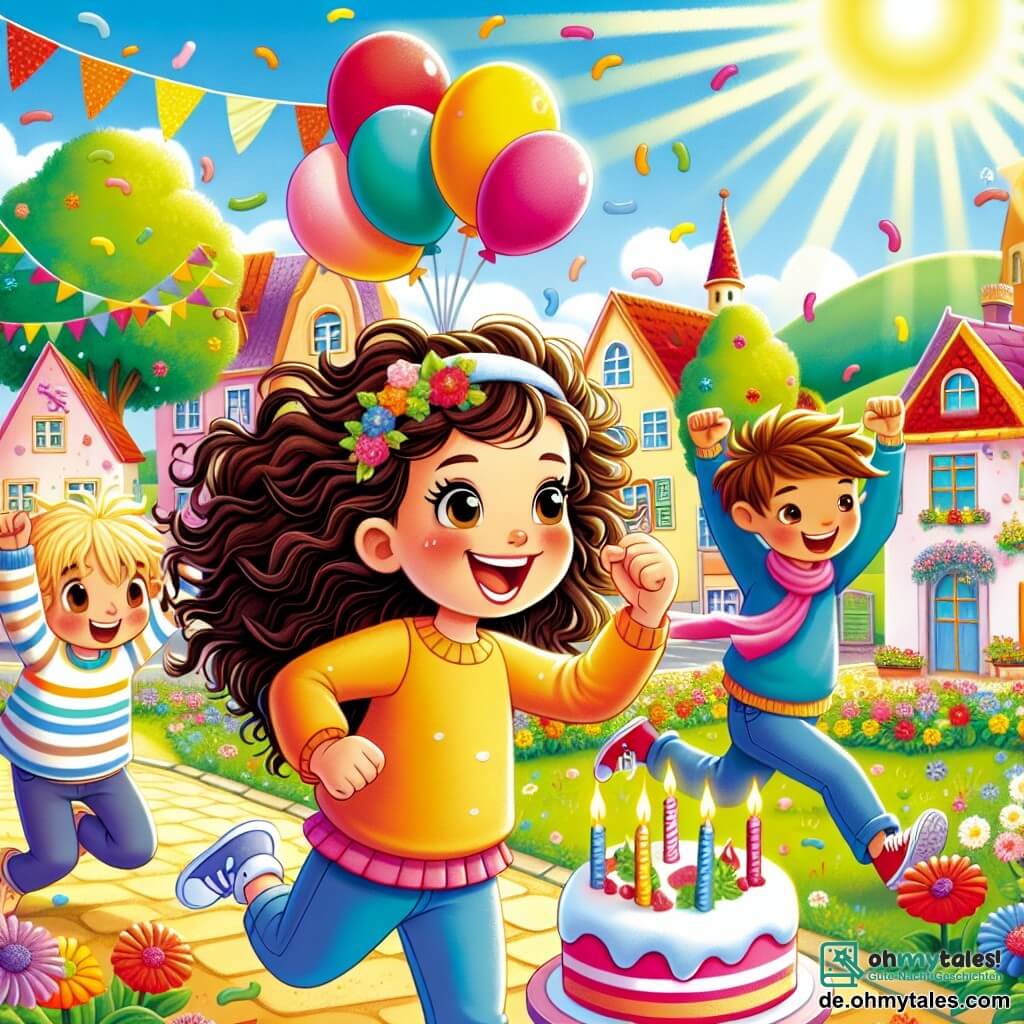 Une illustration sous forme de dessin destinée aux enfants représentant une petite ville ensoleillée avec des maisons colorées et des fleurs éclatantes, au premier plan une fille de 11 ans aux cheveux bouclés et bruns, souriante et déterminée, en train de courir après un gâteau coloré flottant dans les airs, tandis que deux de ses amis, un garçon aux cheveux blonds et une fille aux cheveux châtains, l'encouragent en levant les bras, le tout dans une ambiance joyeuse et pleine d'énergie, avec des ballons et des décorations de fête en arrière-plan.