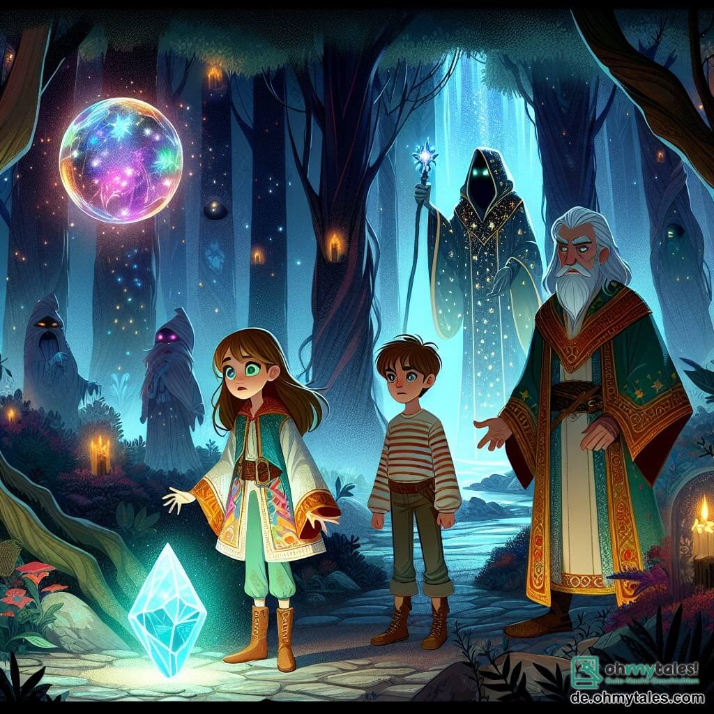Une illustration sous forme de dessin destinée aux enfants représentant une forêt enchantée sur le planète Zylith, où une fille de 11 ans aux longs cheveux châtain et aux yeux verts brillants, vêtue d'une tunique colorée, se tient devant un cristal lumineux flottant, tandis qu'à ses côtés, un garçon aux cheveux courts et aux yeux pétillants, vêtu d'une chemise à rayures, observe avec émerveillement, et une vieille magicienne aux cheveux argentés et à la robe ornée de motifs étoilés les regarde avec sagesse, tous ensemble face à la menace d'une obscurité qui plane sur leur monde, symbolisée par des ombres menaçantes en arrière-plan.
