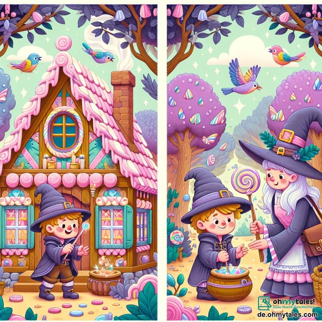 Une illustration destinée aux enfants représentant un jeune apprenti sorcier, un peu maladroit, tentant de maîtriser ses premiers sorts magiques avec l'aide d'une sorcière bienveillante, dans un charmant hexenhaus aux murs de bonbons et au toit de sucre rose, entouré d'un bois enchanté aux arbres lila et aux oiseaux aux plumes arc-en-ciel.