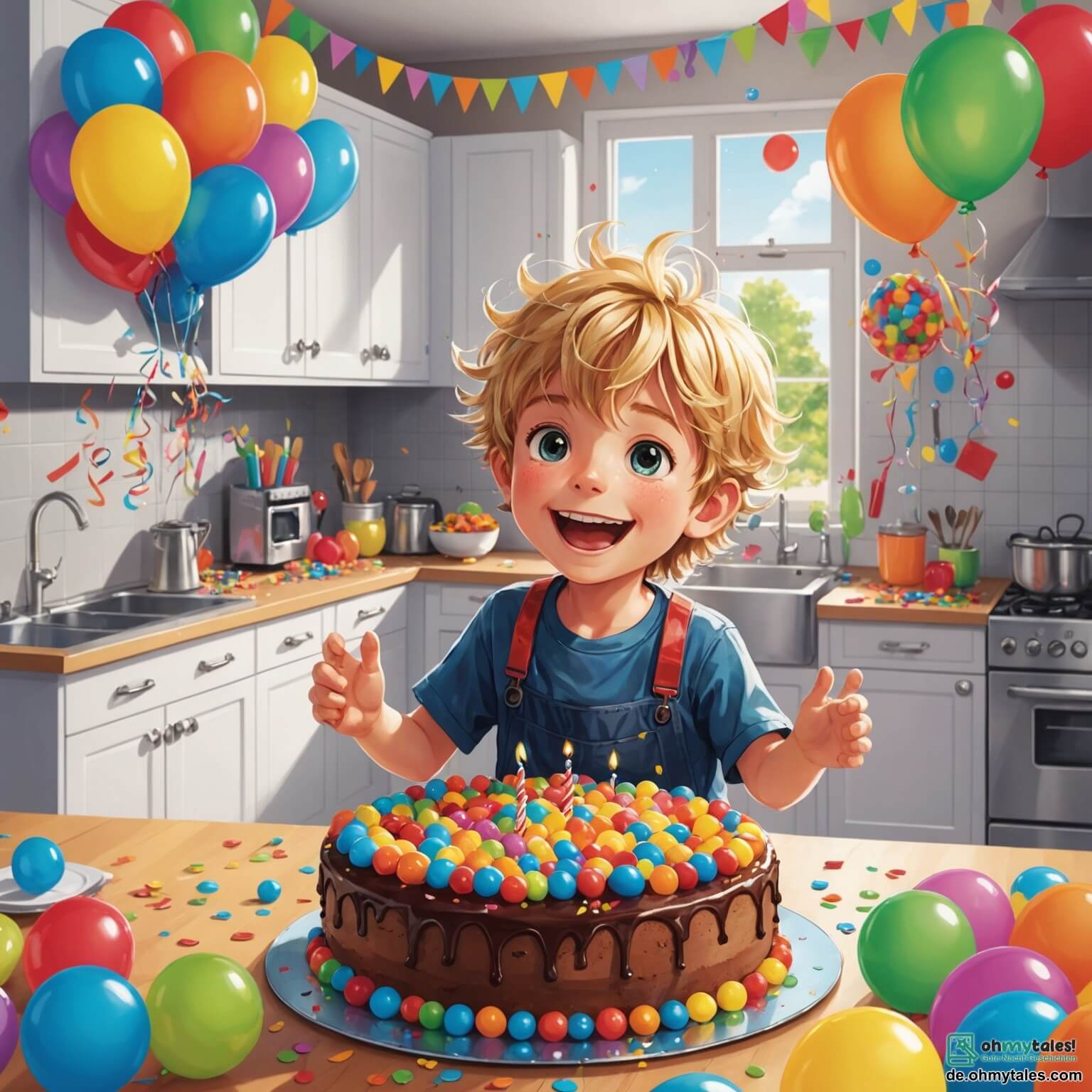 Une illustration destinée aux enfants représentant un petit garçon aux cheveux blonds en bataille, débordant d'excitation dans une cuisine lumineuse ornée de ballons colorés et de guirlandes scintillantes, où il prépare avec ses amis une grande fête d'anniversaire pleine de rires et de surprises, tandis qu'une petite fille aux yeux pétillants, coiffée d'un chapeau de fête, l'aide à réaliser un énorme gâteau décoré de bonbons multicolores.