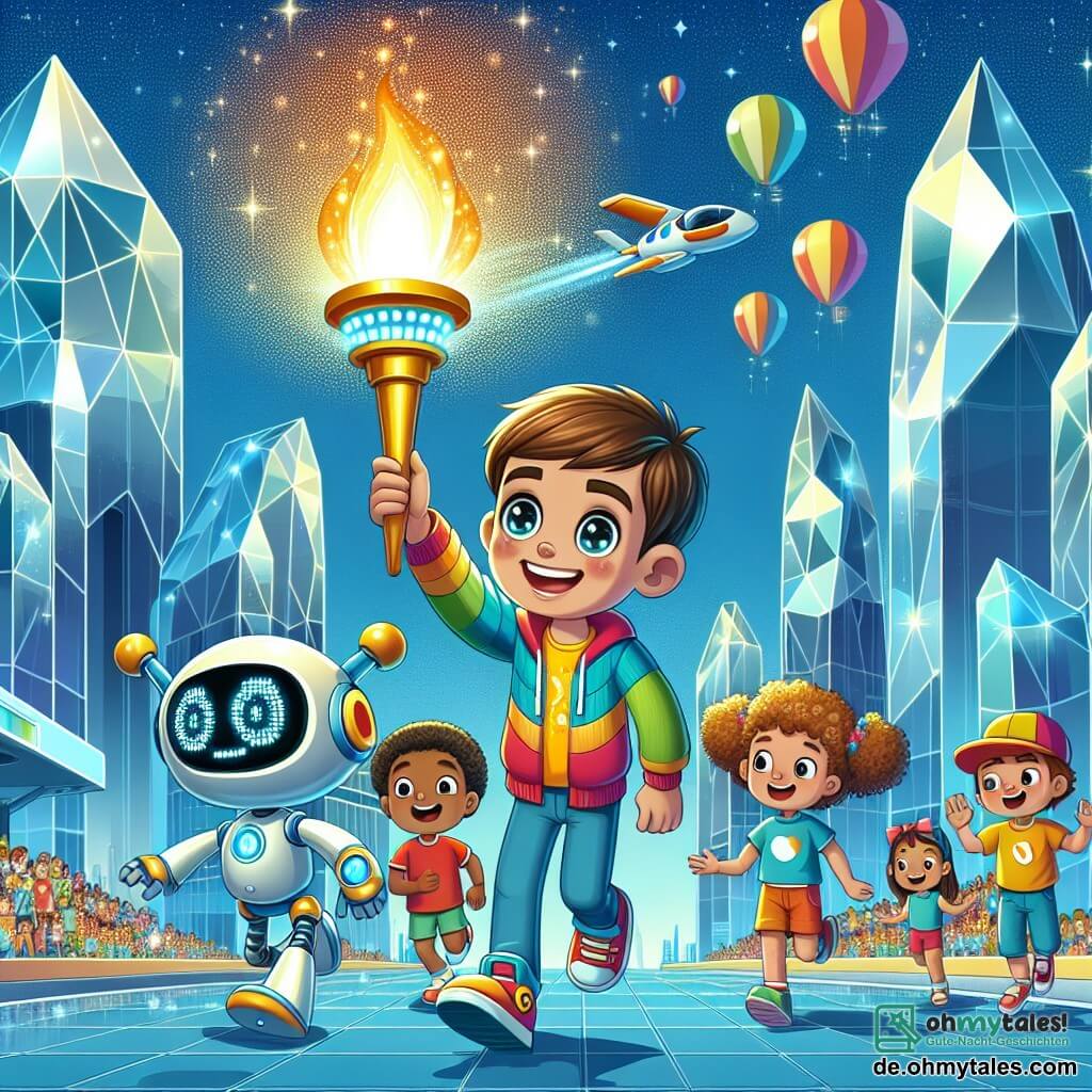 Illustration einer lebhaften Szene in der futuristischen Stadt Glitzerville, wo glitzernde Glasgebäude wie Kristalle unter einem strahlend blauen Himmel emporragen. Im Mittelpunkt des Bildes steht ein 7-jähriger Junge mit braunen Haaren und funkelnden Augen, der einen bunten Overall trägt und ein breites Lächeln zeigt, während er sich darauf vorbereitet, eine leuchtende Fackel an seiner Seite zu aktivieren, die sein Flugfackel symbolisiert. Neben ihm schwebt ein freundlicher kleiner Roboter mit einem runden Gesicht und leuchtenden Augen leicht über dem Boden und scheint den Jungen mit einem fröhlichen Ausdruck zu ermutigen. Im Hintergrund schauen mehrere Kinder unterschiedlichen Alters, darunter ein Mädchen mit lockigem Haar und einer Mütze, staunend zu, während bunte Ballons in der Luft schweben. Die Szene strahlt eine Atmosphäre von Aufregung und Abenteuer aus, mit fliegenden Autos, die darüber hinwegsausen, und funkelnden Hologrammen, die fröhliche Bilder projizieren.