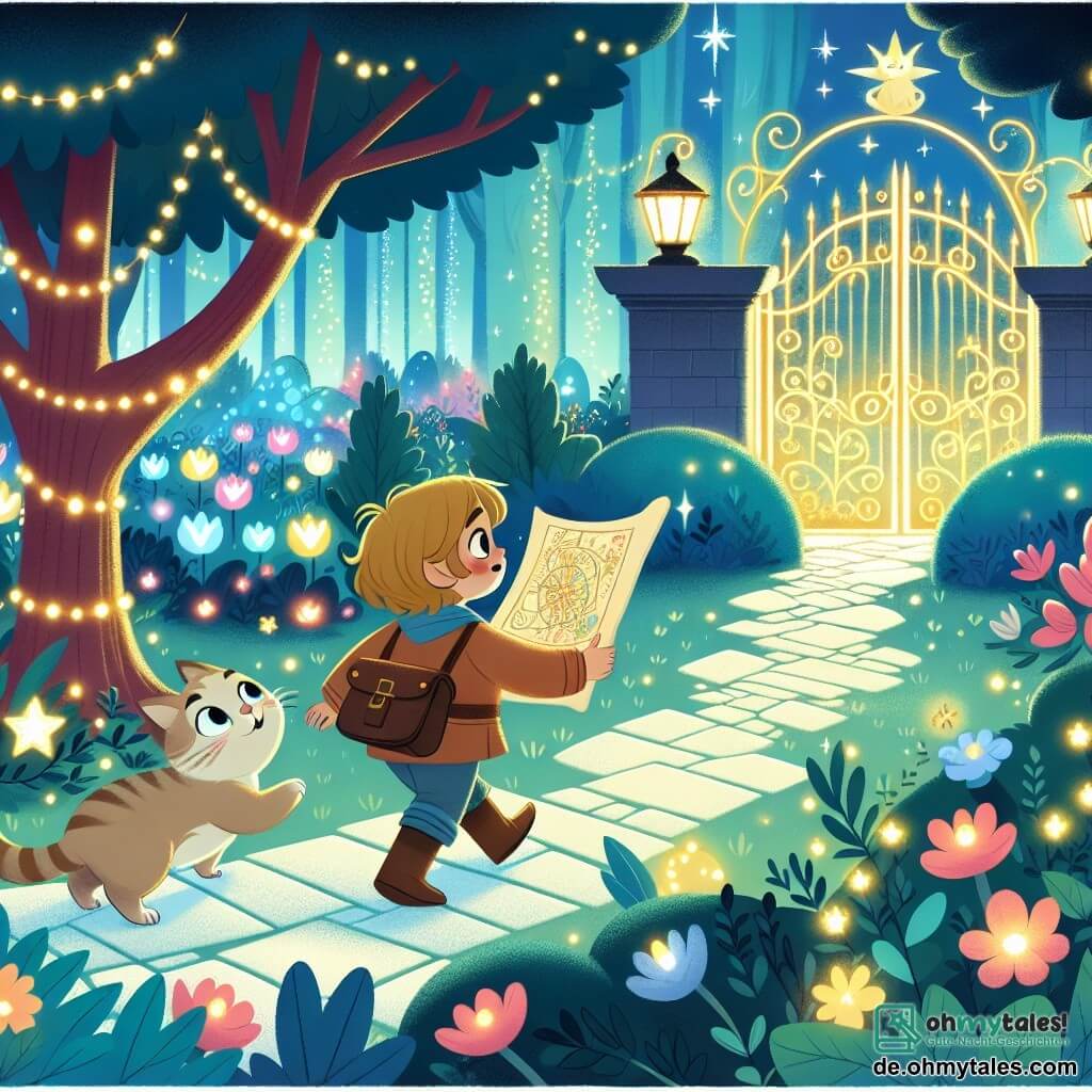 Une illustration destinée aux enfants représentant un petit garçon intrépide découvrant une carte mystérieuse avec l'aide de sa fidèle amie, une chatte parlante, dans un jardin enchanté parsemé de fleurs lumineuses et d'arbres scintillants menant à un grand portail doré ouvrant sur un magnifique et féerique bois magique.