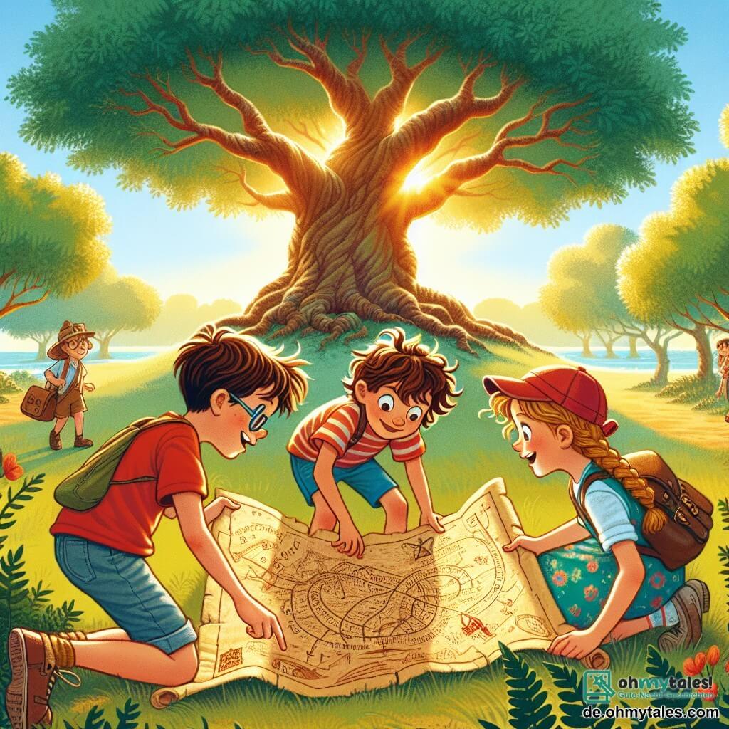 Une illustration sous forme de dessin destinée aux enfants représentant un parc ensoleillé avec un grand chêne majestueux au centre, où un garçon de 9 ans aux cheveux bruns en bataille, portant un t-shirt rouge et un short bleu, est accroupi en train d'examiner une vieille carte avec des symboles mystérieux, tandis qu'à ses côtés, une fille aux cheveux blonds tressés, vêtue d'une robe à fleurs, et un garçon aux lunettes rondes et à la casquette, regardent avec curiosité, tous trois plongés dans une aventure palpitante à la recherche d'un trésor caché.