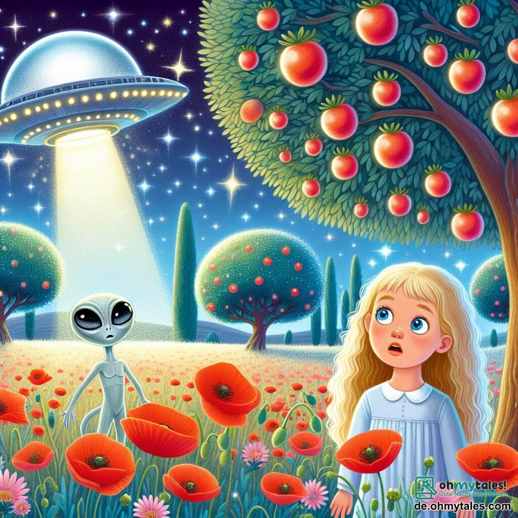 Une illustration destinée aux enfants représentant une jeune fille curieuse observant un étrange vaisseau spatial atterrir dans un champ de coquelicots scintillants, accompagnée d'un petit extraterrestre lumineux aux grands yeux émerveillés, sur la planète Lumina aux arbres aux feuilles chatoyantes et aux fruits étincelants.