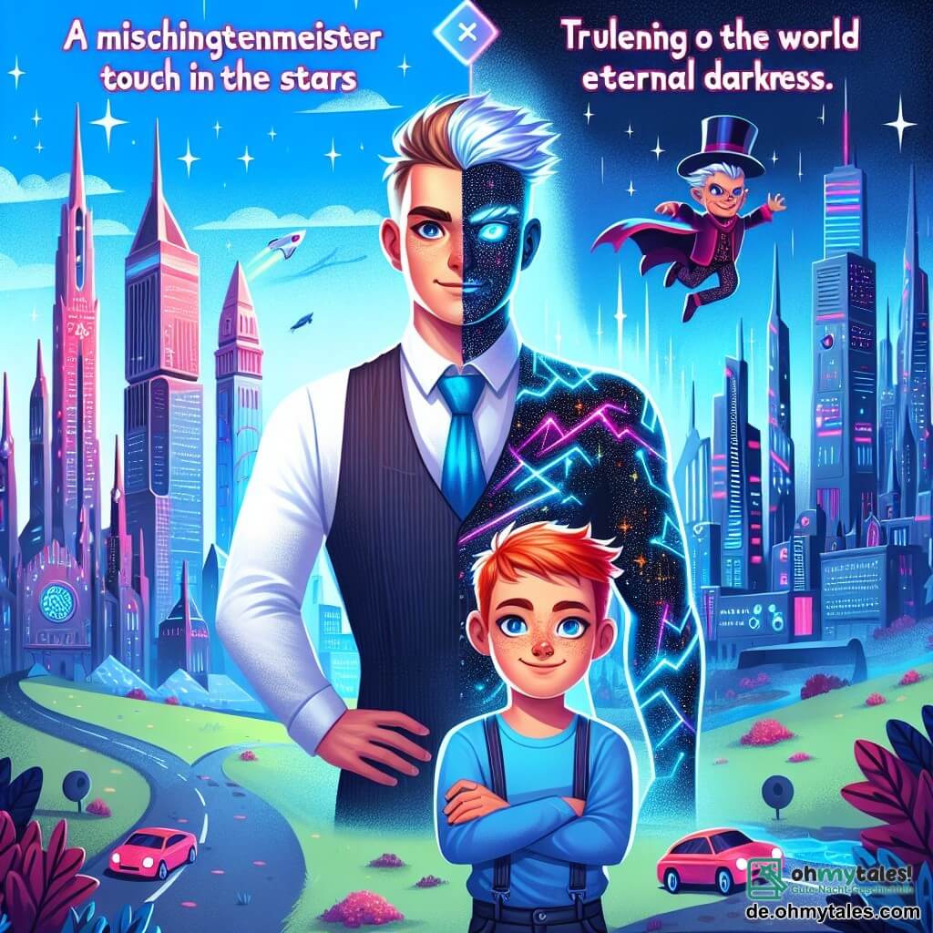 Une illustration destinée aux enfants représentant un jeune homme au regard brillant et à la peau scintillante se tenant aux côtés d'un garçon aux cheveux roux et au sourire espiègle, dans la ville futuriste de Nova City, où les gratte-ciels s'élèvent jusqu'aux étoiles et les voitures volantes sillonnent les rues, prêts à affronter un sinistre Schattenmeister menaçant de plonger le monde dans les ténèbres éternelles.