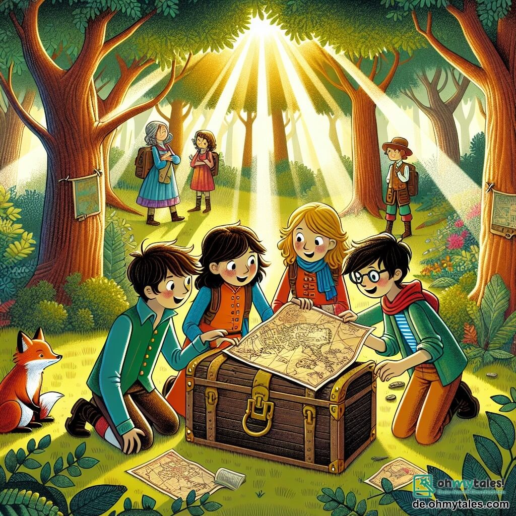 Une illustration sous forme de dessin destinée aux enfants représentant une forêt enchantée avec des arbres majestueux et des rayons de soleil filtrant à travers le feuillage, où un groupe de quatre enfants de 11 ans, deux garçons aux cheveux châtains et une fille aux cheveux blonds, tous vêtus de vêtements d'aventure colorés, se tiennent autour d'une vieille trousse en bois, émerveillés par des cartes anciennes et des dessins mystérieux, tandis qu'un petit renard curieux les observe depuis un buisson, capturant l'esprit d'une exploration pleine de magie et de camaraderie.