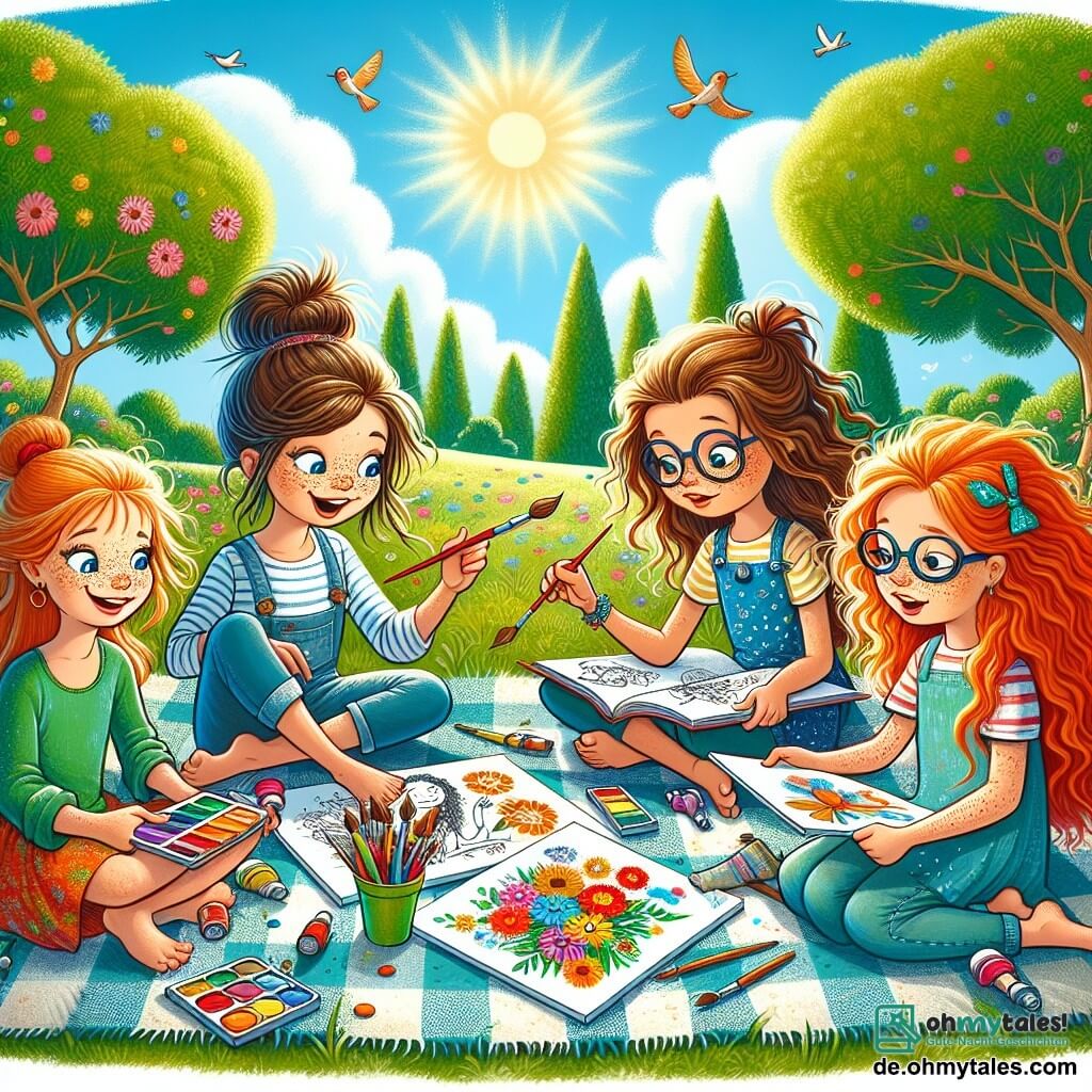 Illustration eines sonnigen Parks mit grünen Bäumen und bunten Blumen, die sanft im Wind tanzen. In der Mitte sitzen vier Mädchen, etwa 10 Jahre alt, auf einer großen karierten Decke. Eine von ihnen, mit braunen Haaren, die zu einem unordentlichen Dutt frisiert sind, hält einen Pinsel und malt Blumen auf eine Leinwand. Neben ihr lächelt ein rothaariges Mädchen mit Sommersprossen und hält eine Palette mit leuchtenden Farben, bereit, ihren künstlerischen Beitrag zu leisten. Ein weiteres Mädchen mit langen, glatten Haaren schaut aufmerksam auf ihre Zeichnung eines Baumes, während die kleinste mit Brille und lockigem Haar ein illustriertes Buch durchblättert, vertieft in die Bilder. Sie lachen und tauschen Ideen aus, umgeben von ihren bunten Kreationen. Im Hintergrund sorgen ein strahlend blauer Himmel und fliegende Vögel für Freude in dieser Szene der Kameradschaft und Kreativität, die ihren Versuch zeigt, Zeit miteinander ohne Bildschirme zu verbringen.