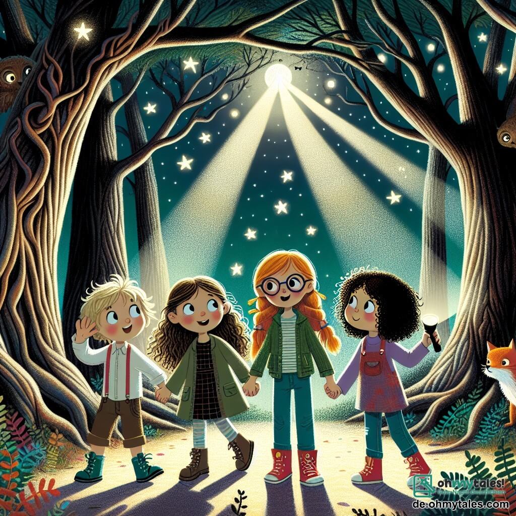 Illustration einer sternenklaren Nacht in einem verwunschenen Wald, in dem große Bäume mit knorrigen Stämmen zum Himmel ragen und deren Blätter im Mondlicht funkeln. Im Mittelpunkt des Bildes stehen vier Mädchen, etwa acht Jahre alt, die sich an den Händen halten und neugierige sowie mutige Ausdrücke zeigen. Eine von ihnen, mit braunen Haaren und Brille, schaut mit einem selbstbewussten Lächeln, während eine andere, mit lockigen blonden Haaren, den Weg mit einer Taschenlampe erhellt und lustige Schatten auf den Boden wirft. Die dritte, mit geflochtenen schwarzen Haaren, scheint eine fesselnde Geschichte zu erzählen, während die letzte, mit roten Haaren, um sich schaut, voller Aufregung und Staunen. Die Szene strahlt eine Atmosphäre von Kameradschaft und Abenteuer aus, mit hellen Sternen, die am dunklen Himmel funkeln, und sanften Schatten, die um sie tanzen. Kleine Waldbewohner, wie eine neugierige Eule und ein schelmischer Fuchs, beobachten sie aus der Ferne und verleihen der Szene einen Hauch von Magie. Die Farben sind lebhaft und fröhlich, im Kontrast zur Nacht, um die Schönheit der Freundschaft zu illustrieren, die die Angst vor der Dunkelheit überwindet.