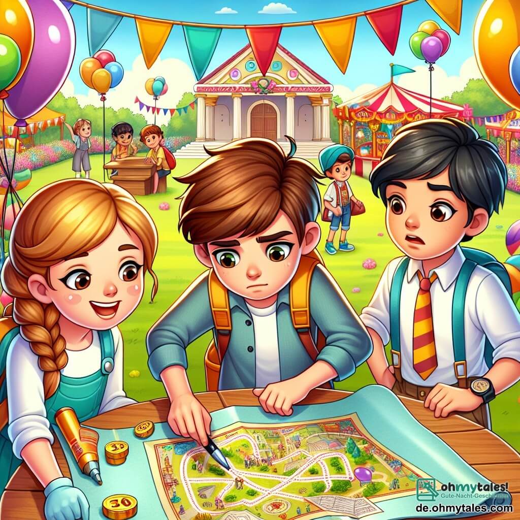 Une illustration sous forme de dessin destinée aux enfants représentant une scène animée d'un grand jardin d'école coloré, où un garçon de 11 ans aux cheveux bruns et aux lunettes, concentré et déterminé, examine une carte au trésor avec ses amis, une fille aux cheveux blonds en tresse qui sourit et un garçon aux cheveux noirs qui fronce les sourcils, alors qu'ils cherchent des indices pour résoudre un mystère lors d'un grand festival scolaire, entourés de ballons colorés et de stands de jeux.