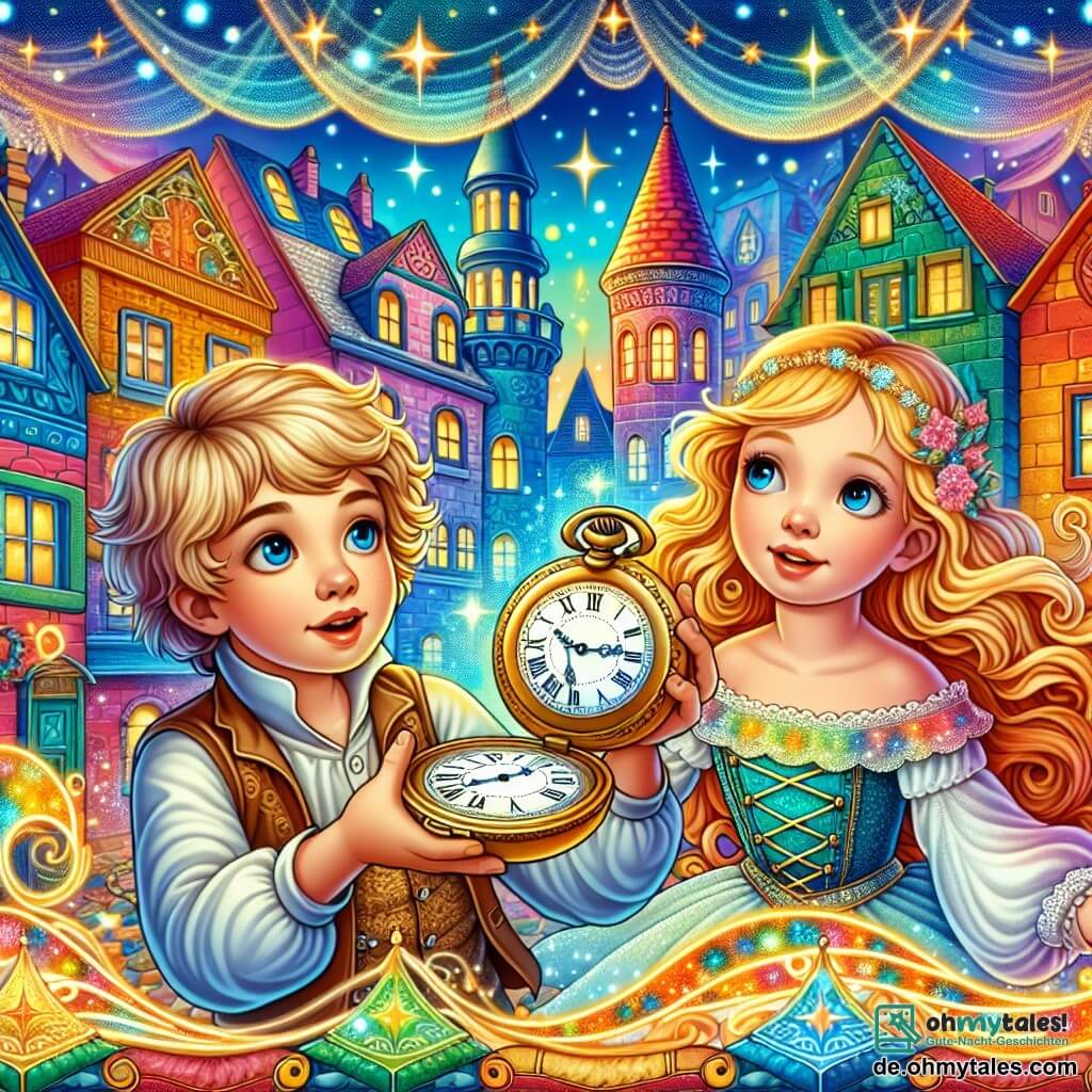 Une illustration destinée aux enfants représentant un petit garçon curieux découvrant une magique montre à gousset dans son grenier, accompagné d'une fille lumineuse aux cheveux dorés, dans une ville fantastique aux bâtiments colorés et aux rues pavées scintillantes.