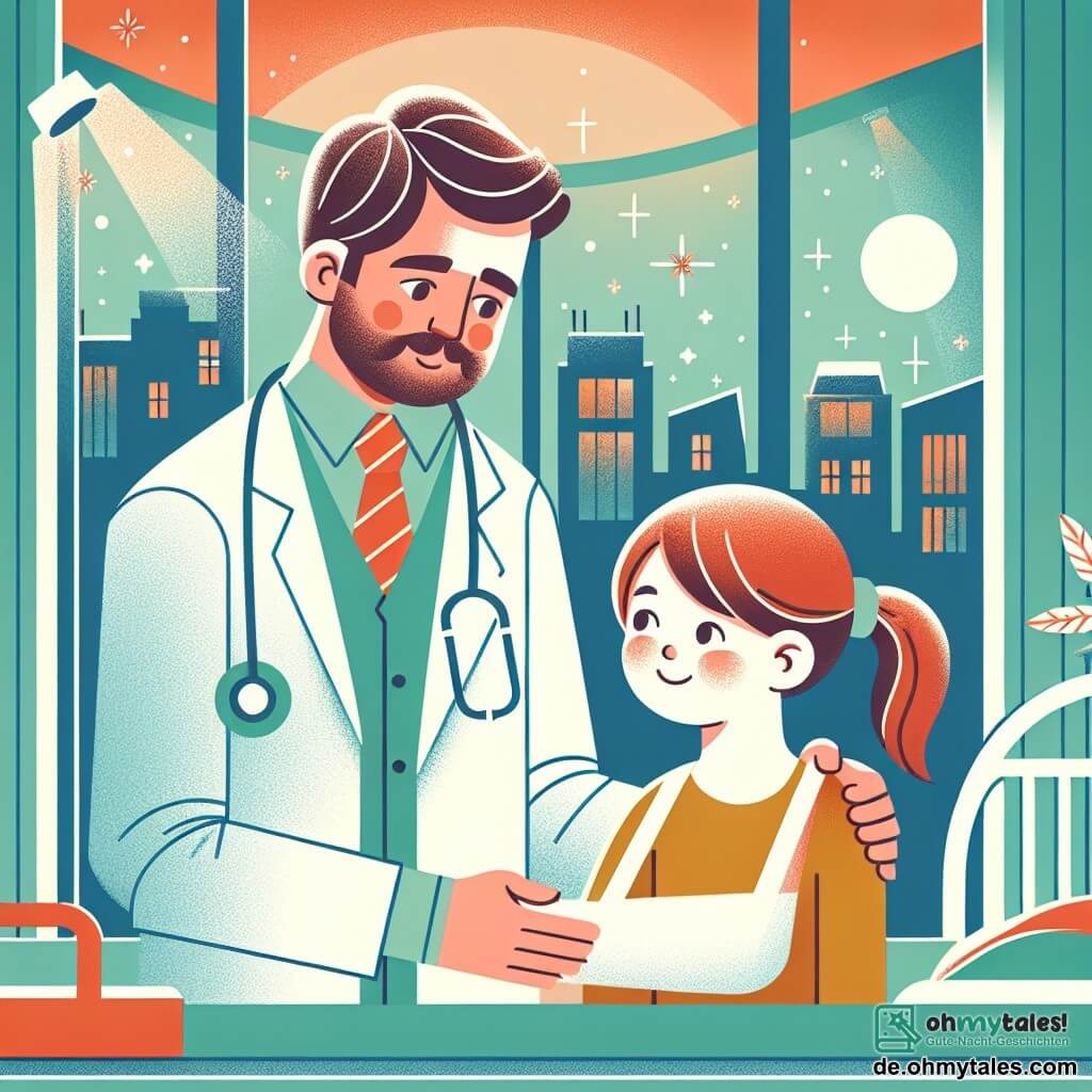 Une illustration destinée aux enfants représentant un médecin bienveillant (homme) soignant une petite fille (fille) avec un bras en écharpe, dans un hôpital lumineux et chaleureux de la ville de Sonnenschein.