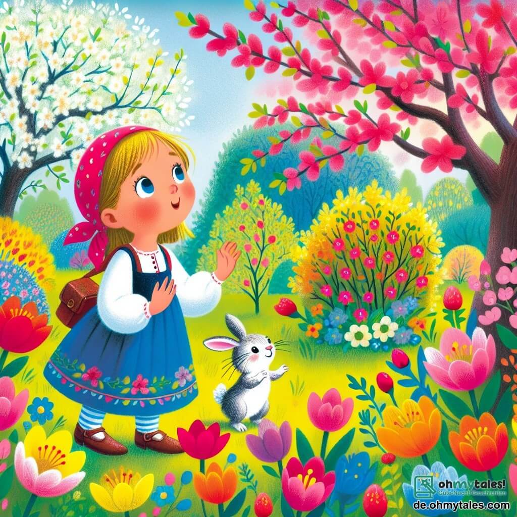 Une illustration destinée aux enfants représentant une jeune fille émerveillée par les premières fleurs du printemps, accompagnée d'un petit lapin curieux, dans un jardin aux couleurs vives et aux arbres fleuris.