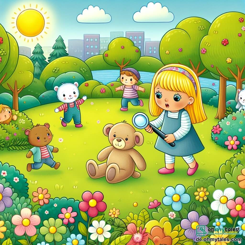 Une illustration destinée aux enfants représentant une petite fille aux cheveux blonds, en train de chercher sa précieuse kuscheldecke avec l'aide de ses amis curieux, dans un parc ensoleillé rempli de fleurs colorées et d'arbres verdoyants.