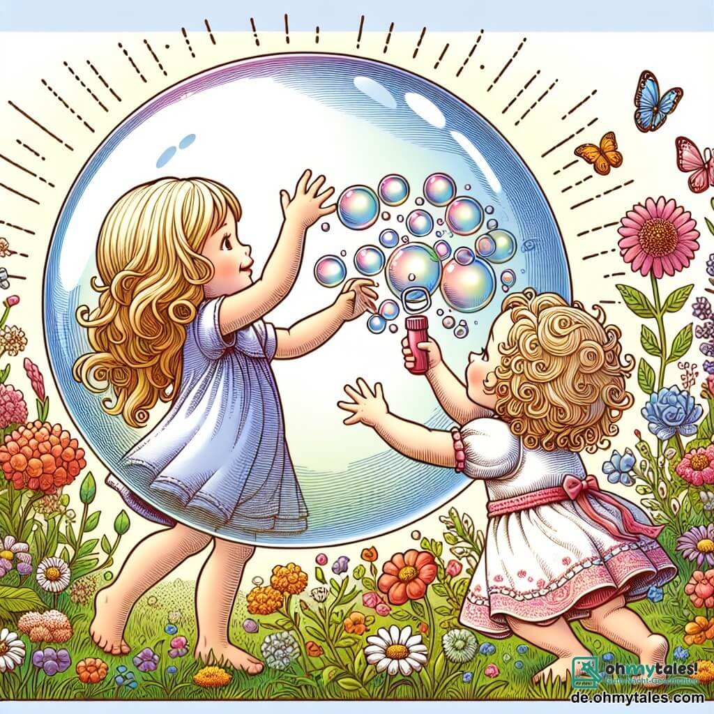 Une illustration destinée aux enfants représentant une fillette aux boucles blondes, défiant l'impossible en tentant de créer la plus grande bulle de savon du monde, avec l'aide précieuse de son meilleur ami, dans un jardin ensoleillé rempli de fleurs colorées et d'herbe verte.
