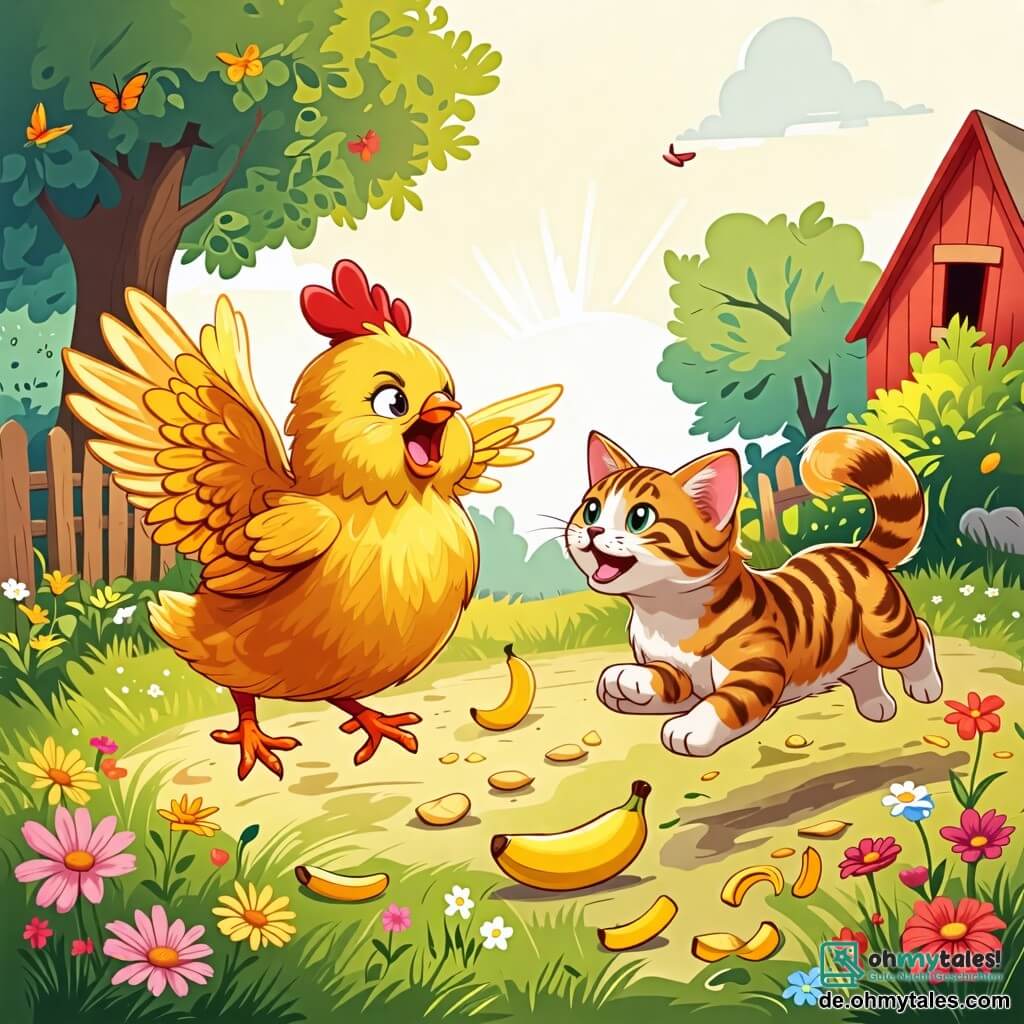 Une illustration sous forme de dessin destinée aux enfants représentant un joyeux et coloré enclos de ferme, avec une petite poule aux plumes dorées et brillantes qui court en riant, ses ailes légèrement déployées, tandis qu'un chien aux grandes oreilles et à la fourrure brune la suit en aboyant joyeusement, et un chat aux yeux malicieux et au pelage tigré qui glisse sur une peau de banane, le tout baigné par la lumière du soleil et entouré de fleurs éclatantes et d'autres animaux curieux qui regardent la scène avec amusement.