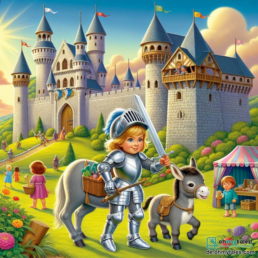 Une illustration sous forme de dessin destinée aux enfants représentant un grand château médiéval perché sur une colline verdoyante, avec une chevaleresse courageuse portant une brillante armure argentée et un casque, brandissant un épée en bois, tandis qu'à ses côtés se tient un petit âne gris au regard amical, portant des provisions, alors qu'ils se préparent à affronter un sorcier maléfique qui menace la fête du tournoi, le tout baigné dans une lumière dorée du coucher de soleil, avec des fleurs colorées et des enfants curieux regardant la scène depuis le jardin.