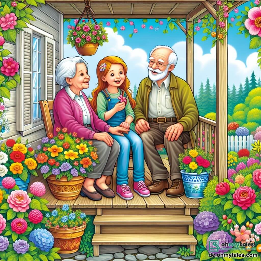 Une illustration destinée aux enfants représentant une fille dans un jardin fleuri, entourée de sa grand-mère (femme) et de son grand-père (homme), tous assis sur une véranda en bois décorée de pots de fleurs colorés, sous un ciel bleu parsemé de nuages blancs.