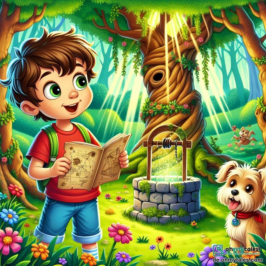 Eine Illustration zeigt einen alten magischen Park, gefüllt mit großen, knorrigen Bäumen und bunten Blumen, die im sanften Sonnenlicht tanzen. In der Mitte steht ein alter Steinbrunnen, der mit Moos bedeckt ist und ein geheimnisvolles Licht ausstrahlt. Im Vordergrund steht ein 7-jähriger Junge mit zerzausten braunen Haaren und neugierigen Augen, der ein rotes T-Shirt und eine blaue Shorts trägt. Er hält in einer Hand eine Schatzkarte und in der anderen einen kleinen Plüschdrachen, sein Gesicht strahlt vor Aufregung. Neben ihm steht ein 7-jähriges Mädchen mit langen lockigen Haaren und einem bunten Haarband, das ein Blumenkleid trägt. Sie betrachtet aufmerksam die Karte, während ihr kleiner goldenhaariger Terrier zu ihren Füßen ungeduldig darauf wartet, die Erkundung zu beginnen. Die Szene zeigt den Moment, in dem die beiden Freunde den versteckten Schatz am Grund des Brunnens entdecken, ihre Gesichter erleuchtet von dem funkelnden Licht, das aus der kleinen Kiste mit Juwelen strahlt. Bunte Schmetterlinge fliegen um sie herum und verleihen der abenteuerlichen Atmosphäre einen Hauch von Magie.