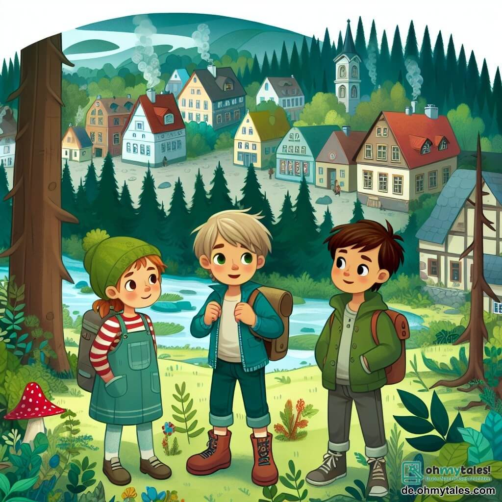 Une illustration destinée aux enfants représentant un garçon curieux, confronté à des changements climatiques inquiétants, accompagné de ses amis (une fille et un garçon), dans une petite ville entourée d'un dense et verdoyant bois.