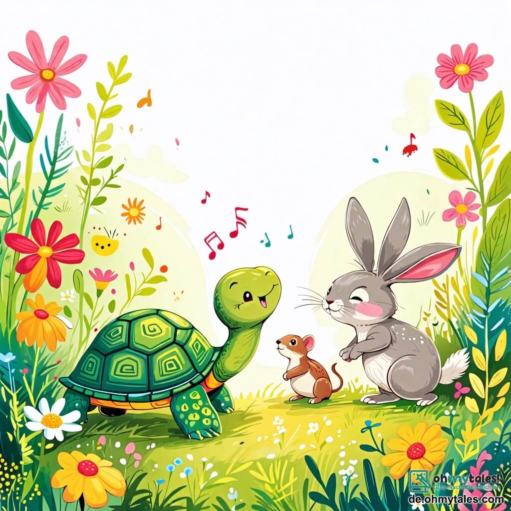 Une illustration sous forme de dessin destinée aux enfants représentant un jardin coloré rempli de fleurs éclatantes et de verdure luxuriante, où une petite tortue à la carapace verte et brillante chante joyeusement tout en dansant sur l'herbe, entourée d'un rapide lièvre aux grandes oreilles blanches qui s'arrête pour l'écouter avec un sourire amusé, et d'une petite souris grise aux yeux pétillants qui s'agite autour d'eux, illustrant un moment de joie et d'amitié où les animaux abandonnent la compétition pour célébrer le plaisir de jouer ensemble.