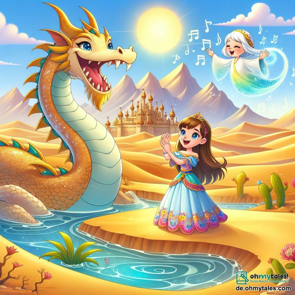 Une illustration sous forme de dessin destinée aux enfants représentant une vaste et ensoleillée oasis au milieu d'une désertique mer de dunes dorées, où une courageuse princesse aux longs cheveux châtains et aux yeux bleus, vêtue d'une robe colorée, chante joyeusement devant un majestueux dragon de sable aux écailles scintillantes, tandis qu'un petit esprit lumineux, flottant à ses côtés, l'encourage avec un sourire, illustrant le moment où elle utilise son chant pour réveiller le dragon et sauver son royaume en transformant la désertique paysage en un jardin luxuriant.