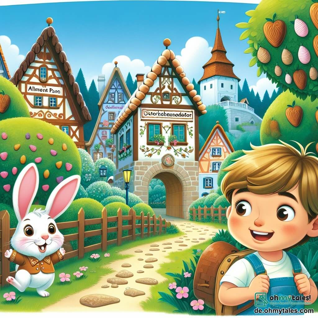 Une illustration destinée aux enfants représentant un garçon émerveillé par la découverte du mystérieux Osterhasendorf, accompagné de son nouvel ami, un petit lapin malicieux, dans un village aux maisons colorées en chocolat et aux arbres en pâte d'amande, où flotte une délicieuse odeur de sucreries fraîchement préparées.