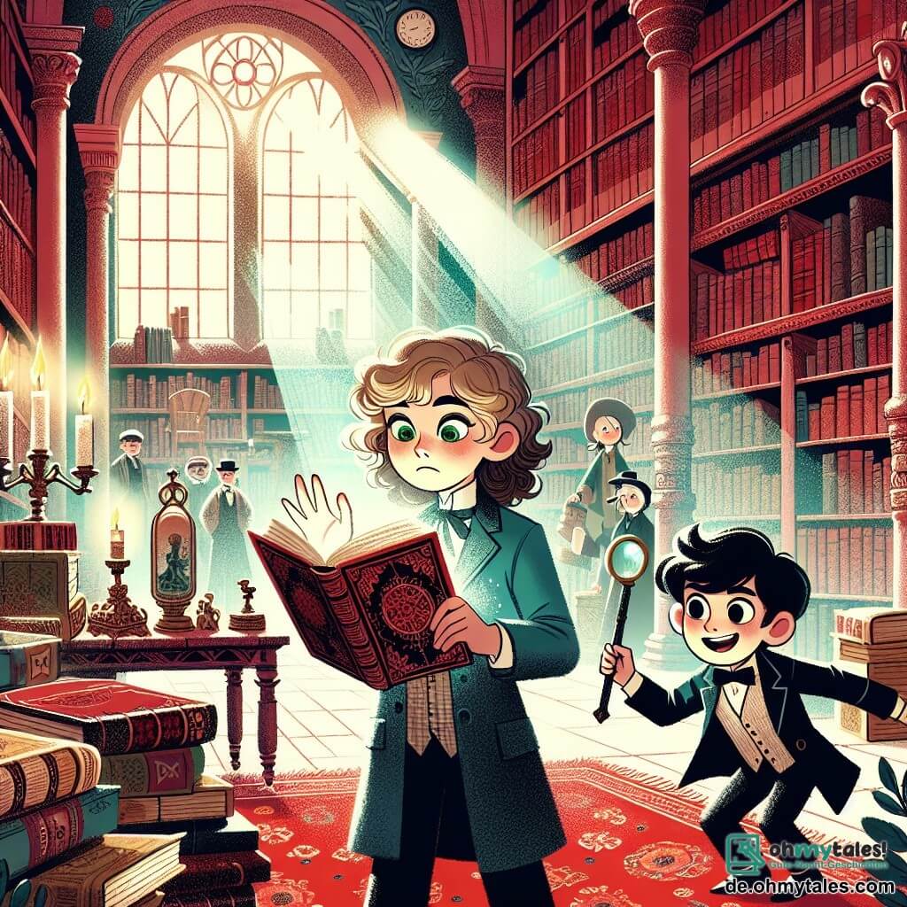 Une illustration sous forme de dessin destinée aux enfants représentant une ancienne bibliothèque au charme mystérieux, avec de grandes étagères remplies de livres poussiéreux et des tapis rouges, où une fille de 11 ans aux cheveux longs et bouclés, avec des yeux verts pétillants de curiosité, feuillette un vieux livre en découvrant un indice, tandis qu'un garçon de 11 ans, avec des cheveux noirs et un large sourire, l'observe avec enthousiasme, tous deux plongés dans une quête pour résoudre le mystère d'un trésor caché, entourés de rayons de lumière filtrant à travers les fenêtres poussiéreuses et d'objets anciens qui ajoutent une touche d'aventure à leur enquête.