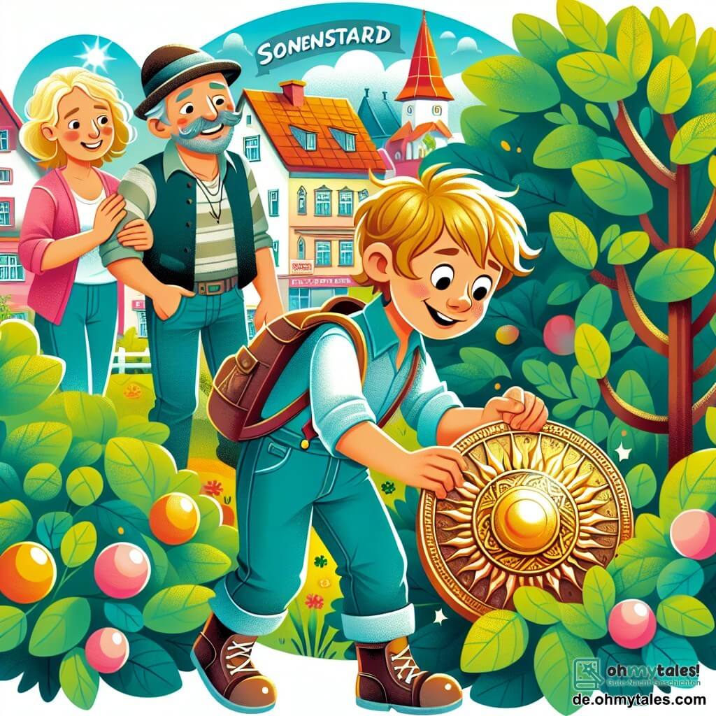 Une illustration destinée aux enfants représentant un garçon curieux découvrant un mystérieux medaillon sous un buisson scintillant dans le jardin de sa maison, accompagné de ses parents, un homme et une femme, dans une petite ville colorée et chaleureuse appelée Sonnenstadt.