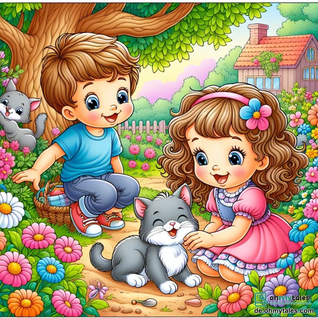 Une illustration sous forme de dessin destinée aux enfants représentant un jardin coloré avec des fleurs éclatantes et un grand arbre au fond, où une petite fille de 3 ans aux cheveux bruns et bouclés, portant une robe rose, s'accroupit avec un grand sourire pour caresser un petit chat gris qui miaule, tandis qu'un garçon de 3 ans aux cheveux châtains et aux yeux pétillants, vêtu d'un t-shirt bleu, les observe avec curiosité, illustrant leur aventure de petits enquêteurs cherchant à retrouver le propriétaire du chat perdu.