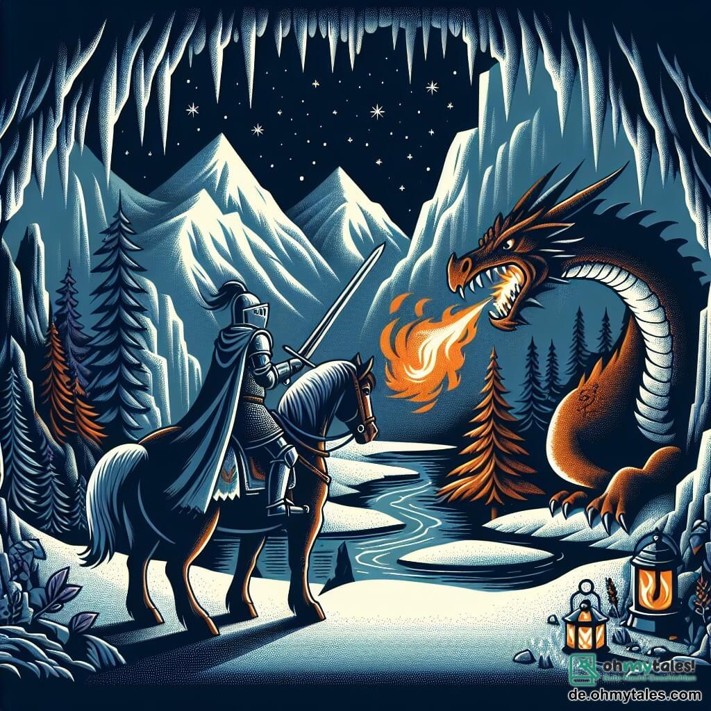 Une illustration destinée aux enfants représentant un courageux chevalier, accompagné de son fidèle destrier, affrontant un dragon cracheur de feu, dans une sombre et mystérieuse grotte cachée au cœur des montagnes enneigées.
